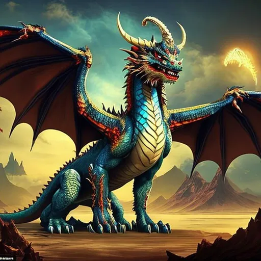 Prompt: a dragon beast with demon wings, wings appear symmetric and even to the creature's height, the dragon is a gorgeous blue, dragons fly above in the vast sky, the surroundings are harsh and dry with mountains in the distance, fiery hellscape, 