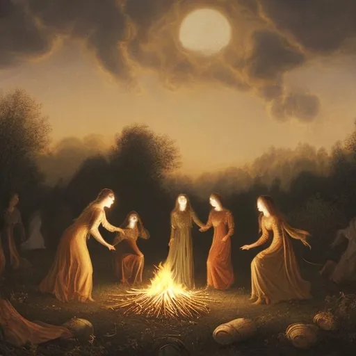 Prompt: Create a a bonfire in a field surrounded by forest. There are three women dancing around the bonfire. It is nighttime. Smoke is coming from the fire. There is a fullmoon in the sky illuminating them. Jan Brett style illustatration, with extreme detail. The field is somewhat large. It is a clearing. The women are wearing long sweeping diaphanous clothes. 