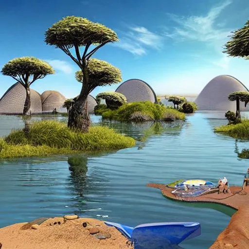 Prompt: futuristic African village, hyper realistic lake, hyper realistic river, amazing realistic water, wildlife