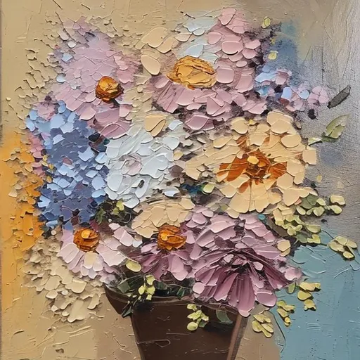 Prompt: muted colors flowers painting  on a patio impasto paint