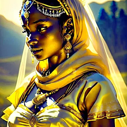 Prompt: (Hyperrealistic highly detailed wide shot photography of a tribal wedding ceremony)
Young, ebonian, beautiful, light traditional tribal clothes of translucent white silk, golden necklace, golden headband. In love, touching, moving, inspirationnal, poetic. Amazing scenery. Tribal. Early morning. Sunrise.