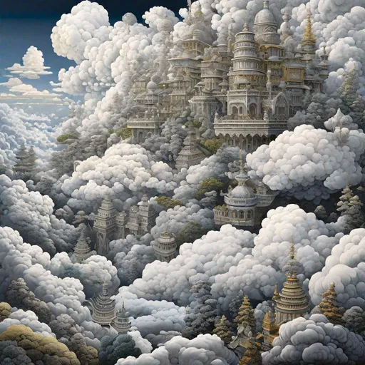 Prompt: "Clouds only !!! Clouds formation !!!!! A lively forest of clouds : fluffy smokey forest of clouds ! : highly detailed : silver filigree : roccoco : baroque aesthetic : intricate illustration : in art brut style : by akihito Tsukushi : ayami kojima : Minjae Lee : Kentaro Miura : rule of thirds : 8k : fulfilled but quiet : dense but light"