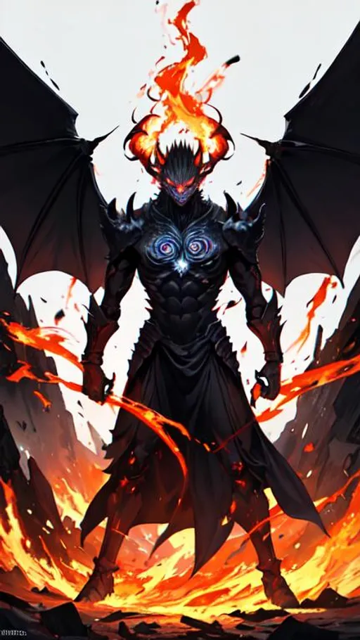 Prompt: Epic demon standing there menacingly. Covered in flames looking down on us centered on the page