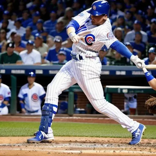 Prompt: zoom out, high definition, 64k, Wrigley field, chicago cubs baseball player hitting a home run, white pinstriped uniform, blue helmet