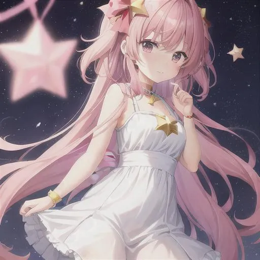 Prompt: anime girl holding a star, pink background, cute, star has a cute face