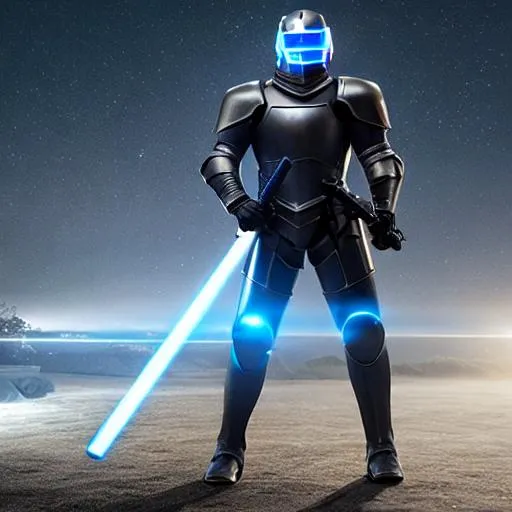 Prompt: Hyperrealistic full body art of a futuristic medieval knight, with a digital visor, dark grey hard plastic firm fitting armor with blue halogen trim, holding a thick blue laser sword highly detailed, 8k. 