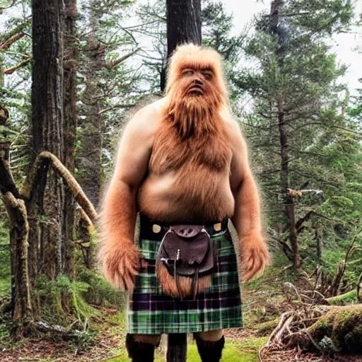 Prompt: Create a realistic lifelike sasquatch creature wearing a Great-kilt in the forest.