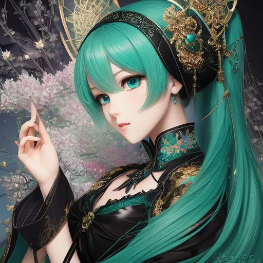 Prompt:  masterpiece hyperdetailed hatsune miku, intricate hyperdetailed dark black hair, green eyes, realistic slender hands, detailed slender fingers, detailed,high quality, trending art, trending on artstation, sharp focus, studio photo, intricate details, highly detailed, by greg rutkowsk, character concept, full body visible, carne griffiths, beautiful delicate intricate hyperdetailed qipao

anime