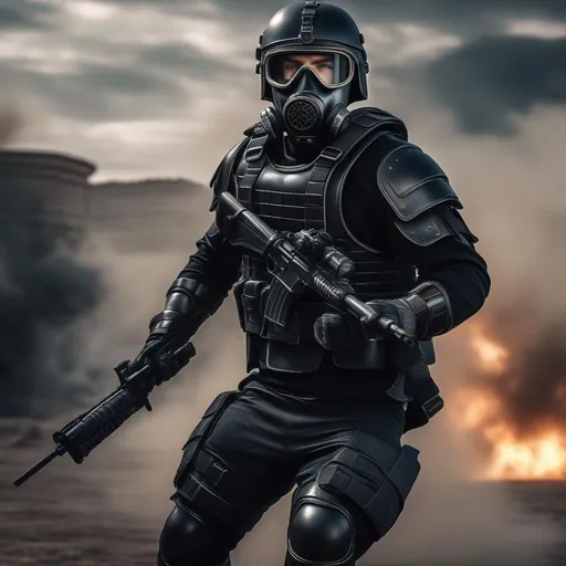 Prompt: A modern roman military male in black military roman armor, and gas mask, running, background sci fi war, Hyperrealistic, sharp focus, Professional, UHD, HDR, 8K, Render, electronic, dramatic, vivid, pressure, stress, nervous vibe, loud, tension, traumatic, dark, cataclysmic, violent, fighting, Epic