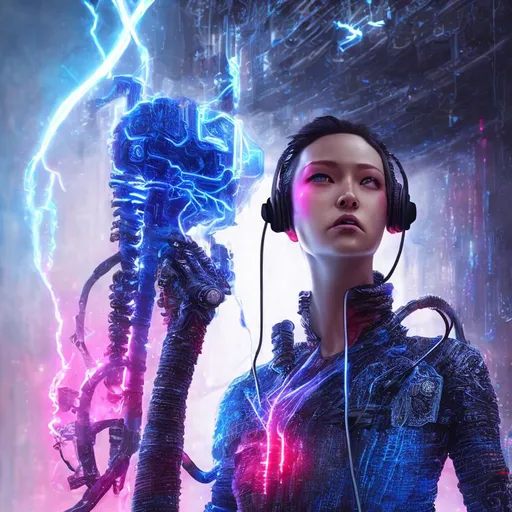 Prompt: THORchain,thunder electric, blue sky, octane rendering. Full length high quality 3 d render neo - cyberpunk Ninja! half cyborg with headphones, Red wires with electricity, highly detailed, unreal engine cinematic smooth, hannah yata charlie immer, neon purple light, low angle, uhd 8 k, sharp focus