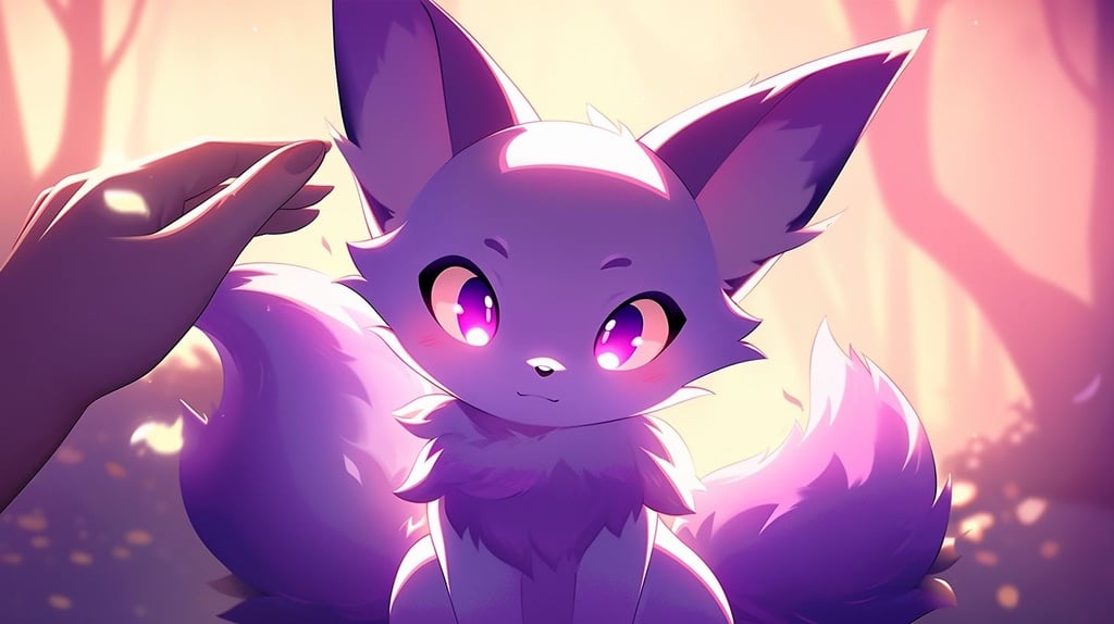 Prompt: purple kitsune yokai being held and throwing a fit, close up on hands and kitsune, big cute ears, multiple tails, bright purple eyes, cute small paws, chibi, bright red blush --iw .9 --upbeta --niji 5 --style scenic --ar 16:9