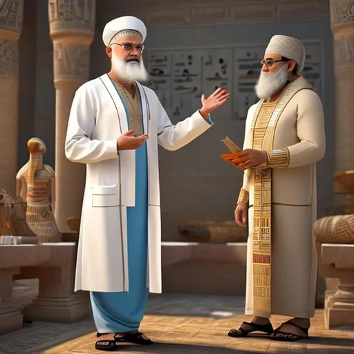Prompt: Ancient Old man with realistic look Egyptian clothing wear, a chemist teaching people about chemistry 