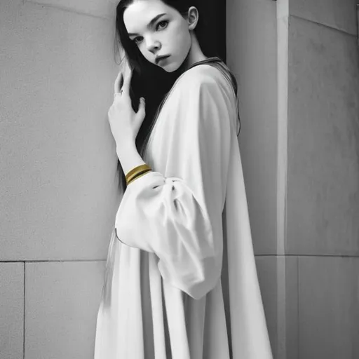 Prompt: monochrome, anya taylor-joy, beautiful, pale, white, tall, skinny, anorexic, black robe, gold details