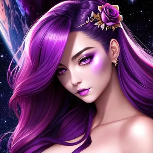 Prompt: Cosmic Epic Beautiful Nebula (Beautiful melancholy {goddess}female liquid satin}, Beautiful and Gorgeous, purple roses in hair