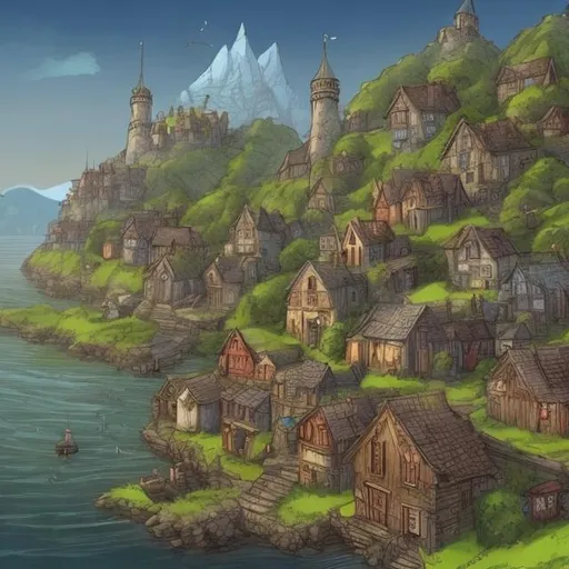 Prompt: A  small fishing village in color in a fantasy setting. There should be a large keep on a hill.
