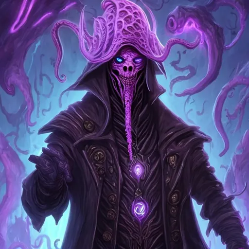 Prompt: Mind flayer pirate illithid fancy clothes glowing eyes purple