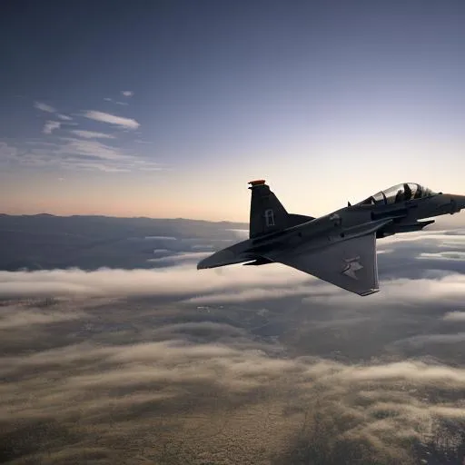 Prompt: a picture of a silver military fighter jet aircraft as the main subject flying in clear skies above the clouds with a sunset behind. the forest can be seen through the clouds below.