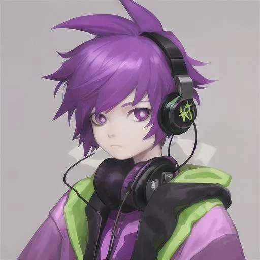 Prompt: Non-binary purple haired kid wearing headphones and listening to music, $k resolution