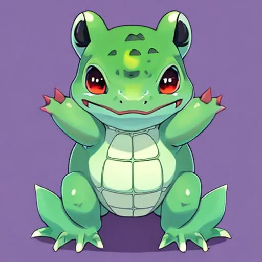 Prompt: HD, High Quality, 5K, Anime, Bulbasaur, small blue-green quadrupedal amphibian, green plant bulb on back,  blue skin with darker patches, It has red eyes with white pupils, pointed, ear-like structures on top of its head, and a short, blunt snout with a wide mouth, A pair of small, pointed teeth are visible in the upper jaw when its mouth is open, Each of its thick legs ends with three sharp claws, On Bulbasaur's back is a bright green circular plant bulb that conceals two slender, tentacle-like vines, which is grown from a seed planted there at birth, The bulb also provides it with energy through photosynthesis as well as from the nutrient-rich seeds contained within, forest, Pokémon by Frank Frazetta