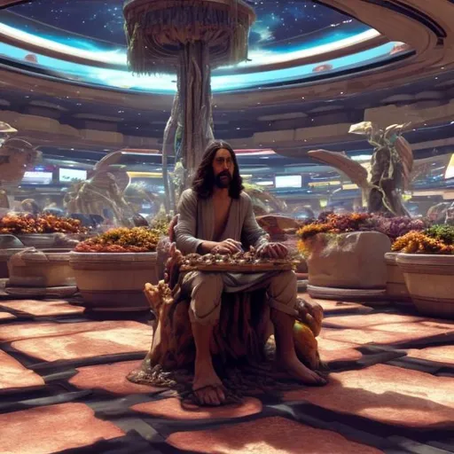 Prompt: Jesus playing Atavachron for spare change in a busy alien mall, widescreen, infinity vanishing point, galaxy background, surprise easter egg