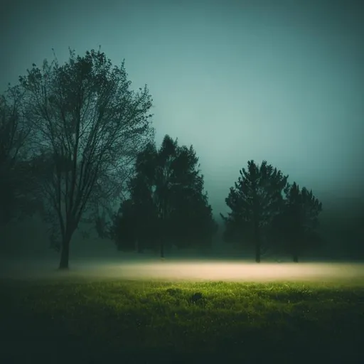 Prompt: in a empty grass field at night with fog