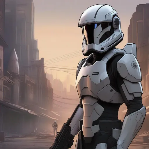 Prompt: Whole body. Full figure. Star wars sith empire black armor trooper. first order trooper helmet. He holds a rifle. In background a scifi ruined city. Rpg art. Star wars art. 2d art. 2d. Well draw face. Detailed. Well draw face. Detailed. 