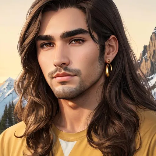 Prompt: man, brown middle part hair, medium long hair, brown eyes, thick black eyebrows, juicy lips, beautiful nose, oval face, golden earring left side ear, mountain background, detailed face portrait, realism, 4k, HD