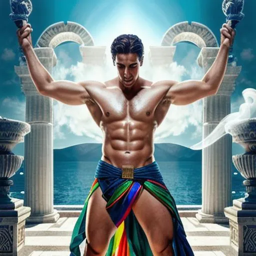 Prompt: Full-body Greek god, very handsome, feeling muy cachondo, muy dotado, holding a rainbow flight, frontal shot, very detailed eyes, water and smoke sculpture, diffuse lighting, fantasy, intricate, elegant, highly detailed, lifelike, photorealistic, digital painting, artstation, illustration, concept art, smooth, sharp focus, art by john collier and albert aublet and krenz cushart and artem demura and alphonse mucha