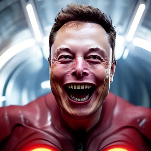 Prompt: Elon Musk with monstrous wide smile, sharp teeth, malevolent aura and bright red glowing eyes, scary, close up, pixar style

