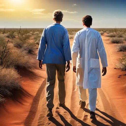 Prompt: A real image of a male doctor in a lab coat and a doctor's phone walking down a dirt and desert path with his back to us.