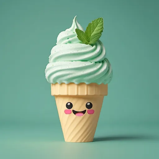 Prompt: pixel art of mint color gelato which has 2 peppermint leaves on the top.

Gelato should have cute smiling face.

There should be no other decoration than leaves.

flat bottom corn cup shape without handle