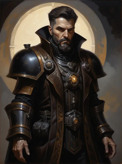 Prompt: full-body oil painting of a male Warhammer 40k sanctioned psyker, dark tones, (short thick brown hair), (styled full brown beard), worry lines, (brown eyes), detailed, oil painting, dark fantasy, intense gaze, wh40k, dark black clothing, (soft highlights), (soft shadows), painterly, painted, 19th century impressionist brushwork, dark black gunmetal hi-tech psyker light armor, dark black gunmetal 40k psyker hi-tech gear, ((psyker)), Caucasian, up-lit under-lit face, highly detailed facial features, soft studio lighting, epic confident standing pose,