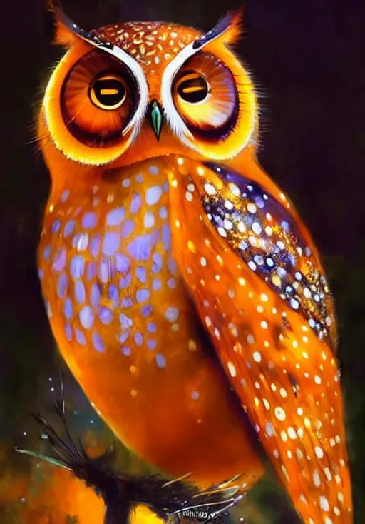 Prompt: Glossy, sparkling portrait of a orange owl. Art by  jean Baptiste monge, ismail inceoglu, Victo Ngai, Sherry Akrami, Anna Dittman, Lucie Bilodeau, Laura Diehl, catrin welz-stein, Paul Delaroche, highly detailed, sharp focus, fantastic view, dreamy, Epic, celestial, sparkling, glossy, light emitting,  inner light.