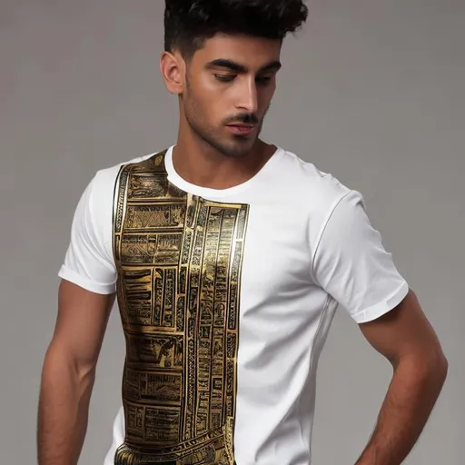 Prompt: A white T-shirt for men mixed with black and gold, inspired by the ancient Egyptian civilization with a modern cut