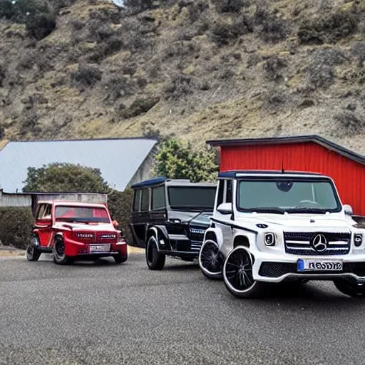 Prompt: a gang of people with 2019 Mercedes Benz g wagons