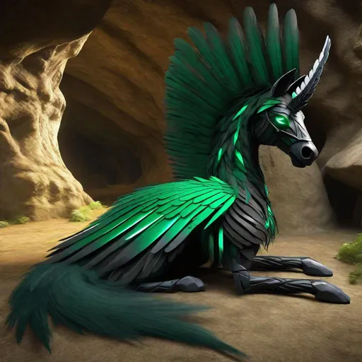 Prompt:  twisted pegasus animatronic hybrid, with focused emerald eyes. They identify as a Male. Emerald colored feathery wings and tail. dark Green ombre mane and tail. UHD, HD, 4K, green haze, green and black coat, lying down in a cave, asleep, resting