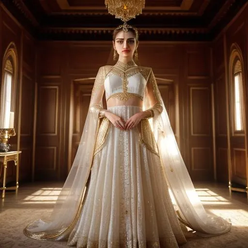 Prompt: Fantasy!!64k, UHD,ultra sharp focus, masterpiece, lighting, ominous, golden ratio, ultra realistic, cinematic, lighting, photography, isometric, movie concept art, epic perspective, beautiful girl actress india Aditi Rao hydari wearing flowing white silk, lace,fairytale dressed, hairpins and crown standing alone inside room of  mansion, smile, Detailed perfect lips, detailed perfect shining eyes, detailed perfect oval face, detailed eyelashes mascara, long flowing glowing hair , detailed perfect slim nose, unreal engine 5, wide angle lens, artistic