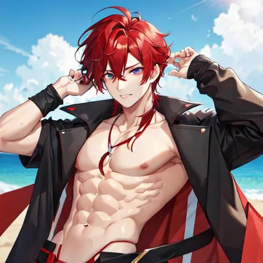 Prompt: Zerif 1male (Red side-swept hair covering his right eye) shirtless