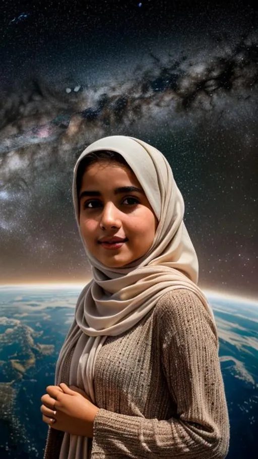 Prompt: Muslim girl, earth, the space, ultra-wide camera, stars, masterpiece, very beautiful, high resolution, detailed, dreamy atmosphere