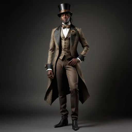 Prompt: "Photorealistic full-body shot of Victorian African gentleman with feminine undertones, standing full figure, complete tailored suit with bustled coat-tails, delicate mechanical spider brooches, web-patterned silk waistcoat, long braided hair with brass ornaments, graceful masculine features with subtle feminine qualities, steampunk spider-themed accessories, mechanical boots with web patterns, shadow play suggesting feminine silhouette, entire form visible --ar 2:3 --s 1000"
