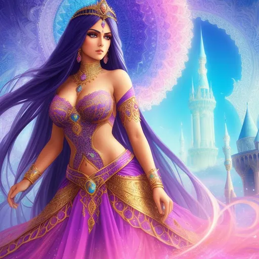 Prompt: A hyper realistic full body image, Tamina as a Princess of persia, detailed beauty face, detailed beauty eyes, beauty julia sets fractal long hair, surreal beauty, soft light, surrounded by Castle in Prince of Persia and surrounded by full color full color voronoi on mandelbrot fractal sky, long shot ((fractal)) ((fractal sky)
