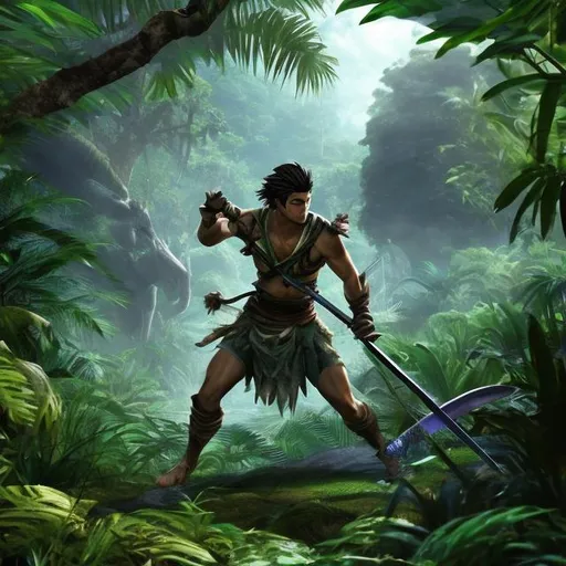 Prompt: Elite swordsman hunting mythical beast in a jungle. 