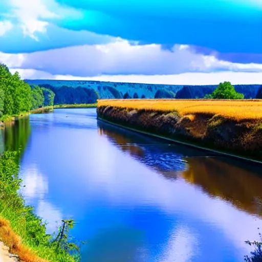 Prompt: long shot scenic professional photograph of a calm river with a small boat with closed mast,  perfect viewpoint, highly detailed, wide-angle lens, hyper realistic, with dramatic sky, polarizing filter, natural lighting, vivid colors, everything in sharp focus, HDR, UHD, 64K