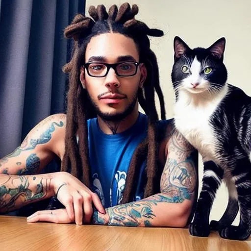 Prompt: young man with dreads and his two cats, cyberpunk