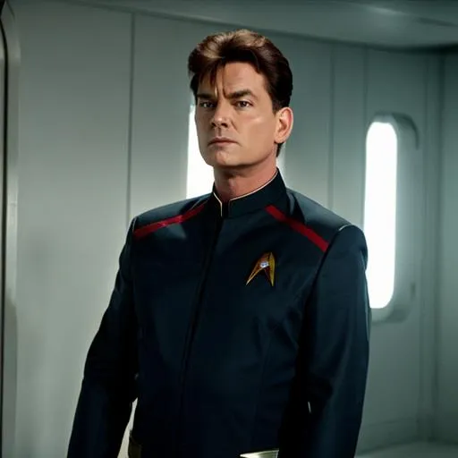 Prompt: Charlie Sheen in a Starfleet uniform. {Star Trek: The Next Generation}