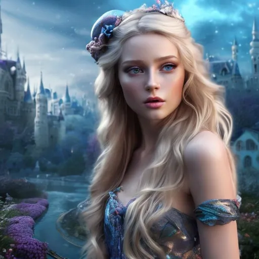 Prompt: 4k 3D professional modeling photo live action human woman hd hyper realistic beautiful english woman blonde hair fair skin blue eyes beautiful face blue white and black dress black headband enchanting mystical wonderland landscape hd background with live action magic full body in wonderland
