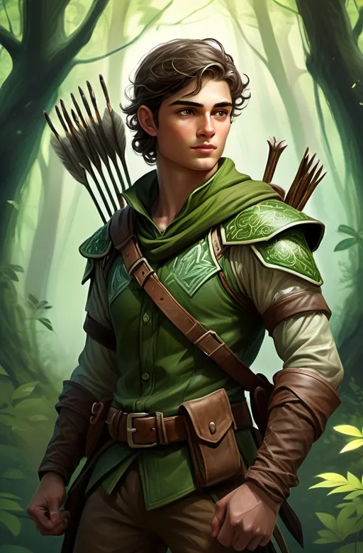 Prompt: (illustration) of a young handsome male ranger, (fantasy style), cool color scheme, detailed green clothing with natural patterns, lush forest background with soft light filtering through foliage, intense yet serene gaze, bow and quiver at his side, dynamic pose suggesting motion, magical atmosphere, ultra-detailed, visually captivating.