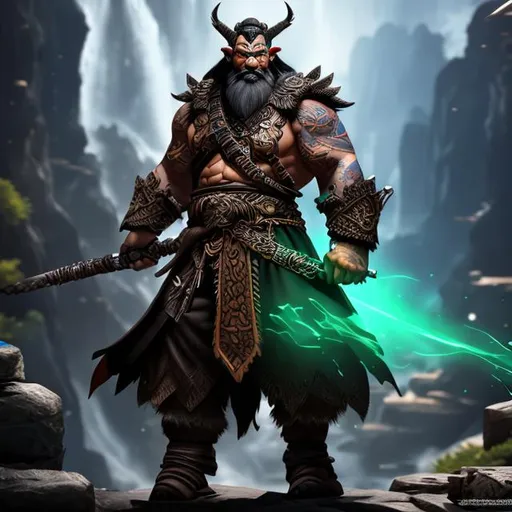 Prompt: Splash art, monk, fantasy, brown beard, heavy belt, black hair, colorful tattoos, very detailed face, [orc]