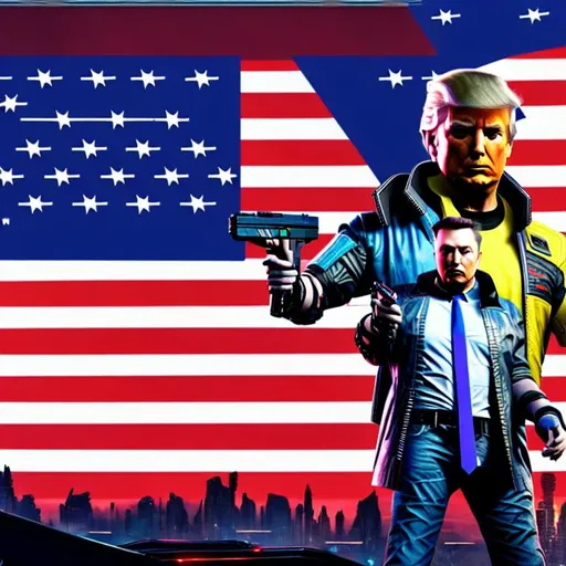 Prompt: cyberpunk2077 donald trump and elon musk guns futuristic 