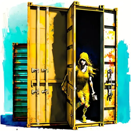 Prompt: A close-up illustration of two hands unlocking and opening the door to one of the 40ft high cube open side with 4 doors shipping containers provided by ADR8 USA with a sense of curiosity and anticipation from whoever is opening it. Artistic style notes: semi-realistic painting, bright colors, and lighting effects. 